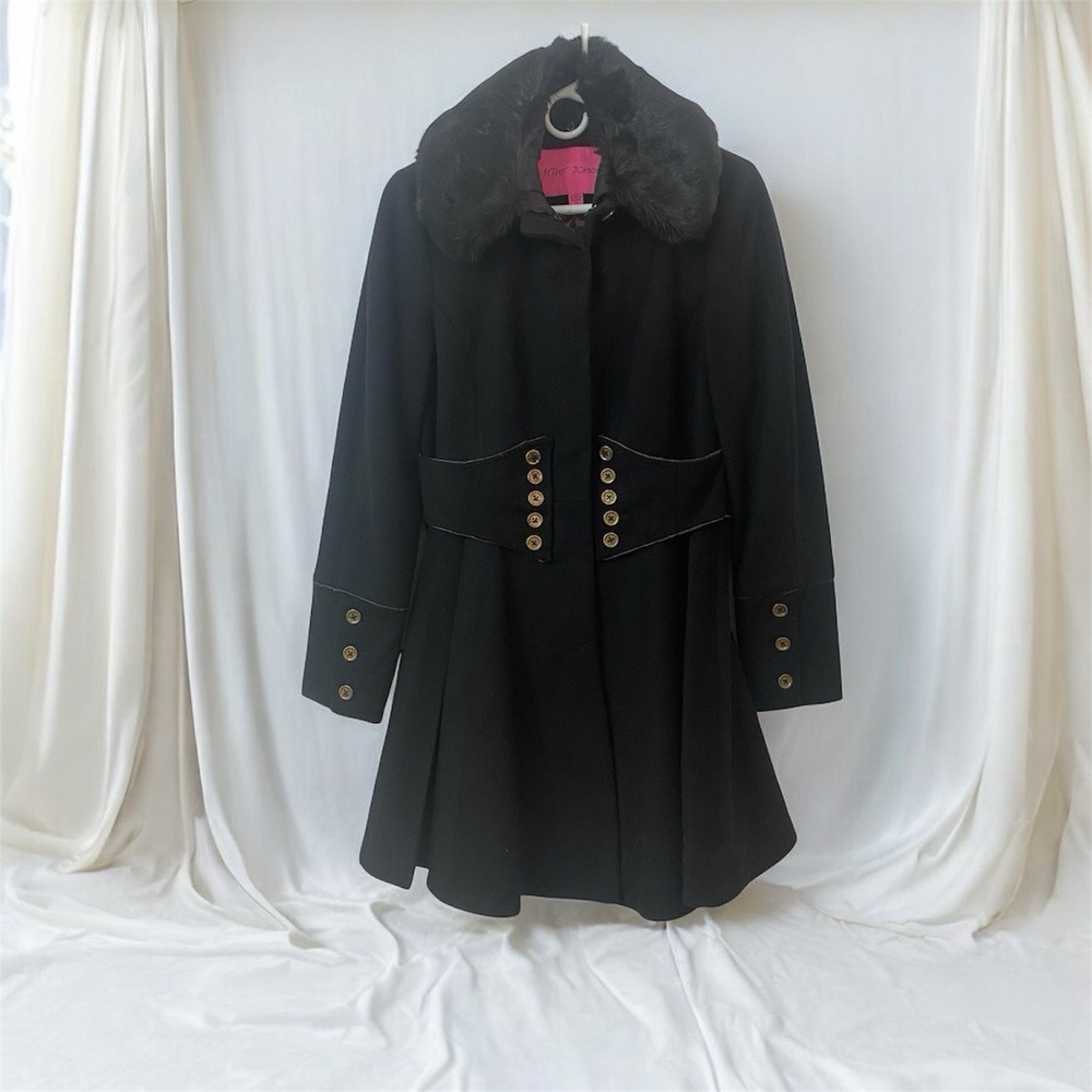 Y2K Betsey Johnson Wool Pea Coat Faux Fur Steampunk Gothic Goth Corset Emo Small